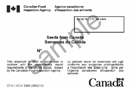 Image of Sample Seed Export Label number CFIA/ACIA 5309