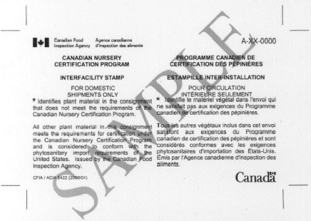 Illustration of the Canadian Nursery Certification Program Interfacility Stamp for Domestic shipments only.