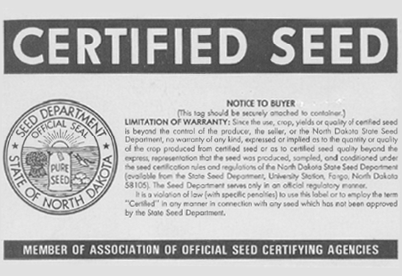 Spécimen d'une étiquette de semences certifiées officielle de l'État du Dakota du Nord