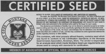 Spécimen d'une étiquette de semences certifiées officielle de l'État du Montana
