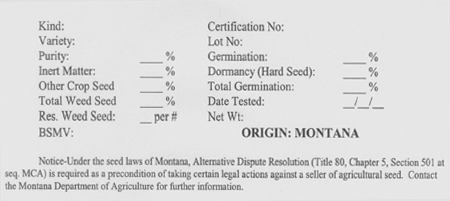 Example of a Montana Official certified seed tag