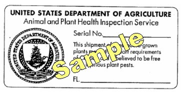 This is an example of an Export Certification Label. In this example the nursery's identification number is prefaced by the two-letter State abbreviation; FL standing for Florida. Example is enlarged for viewing purposes.