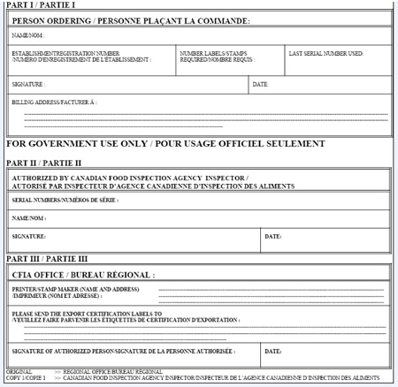 Image of Application Form to Order Export Certification Labels/Interfacility Stamp