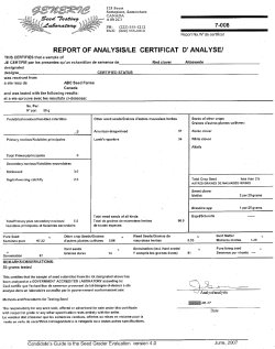 Appendix C (1) shows an example of the report of seed analysis. The following information on test results from a seed sample is found on the form. Prohibited, primary and secondary noxious weeds. Total of other weeds and other crop seeds is listed. % of pure seeds, % of crop seeds, % of weed seeds, % of inert matter, % of germination, % of hard seeds, and % of pure living seed are also listed.