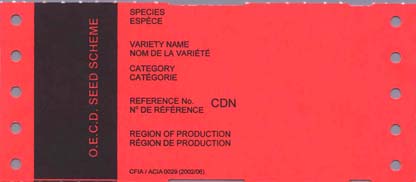 Étiquettes - Organisation de coop&eacute;ration et de d&eacute;veloppement &eacute;conomiques - Semence certifiée, 2e génération - (rouge/texte en noir) - Verso