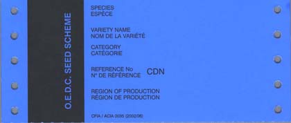Étiquettes - Organisation de coop&eacute;ration et de d&eacute;veloppement &eacute;conomiques - semence certifiée (bleu foncé /texte en noir) - Verso