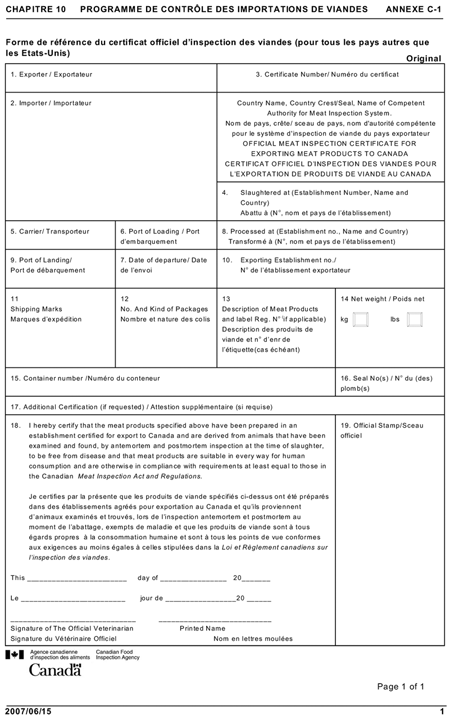 Forme de référence du certificat officiel d'inspection des viandes (pour tous les pays autres que les États-Unis)