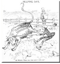 An anti-reciprocity cartoon published in the Vancouver Province shortly before the 1911 election.