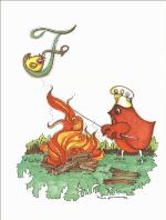Page tirée de L'ABÉCÉDAIRE DE PITATOU, avec une illustration représentant la lettre F et un oiseau en train de cuire son repas sur un feu de camp