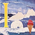 Page from book, ABC, with an illustration of the letter I and things that begin with I, such as ice cream and igloo