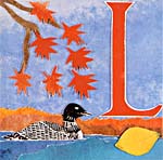 Page tirée du livre ABC, avec une illustration représentant la lettre L ainsi que des objets commençant par la lettre L, tels que les mots anglais LOON et LEAVES