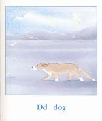 Page from book, BY THE SEA: AN ALPHABET BOOK, featuring the word DOG and an illustration of a dog walking along the water