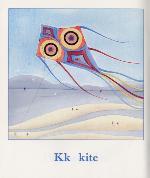 Page from book, BY THE SEA: AN ALPHABET BOOK, featuring the word KITE and an illustration of a kite flying over a beach