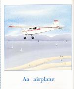 Page tirée du livre BY THE SEA: AN ALPHABET BOOK, avec le mot AIRPLANE et une illustation représentant un avion volant au-dessus d'une plage