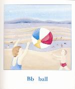 Page from book, BY THE SEA: AN ALPHABET BOOK, featuring the word BALL and an illustration of children playing with a beach ball