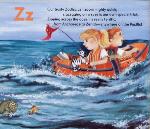 Page from book, A PACIFIC ALPHABET, with an illustration of children in a Zodiac boat and text that features Z words