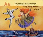 Page from book, A PACIFIC ALPHABET, with an illustration of a girl flying with albatrosses and text that features A words
