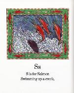 Page tirée du livre THE WILDLIFE ABC: A NATURE ALPHABET, avec une illustration et un texte sur les saumons