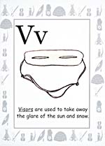 Page from book, THE ABORIGINAL ALPHABET FOR CHILDREN, with an illustration of the letter V and a visor, and accompanying text