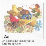 Page tirée du livre THE ANNICK ABC, avec une illustration représentant des acrobates dans un avion et un texte qui contient des mots commençant par la lettre A