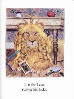 Page tirée du livre ALPHABEASTS, avec une illustration représentant un lion en train de se coiffer, et un texte pour la lettre L