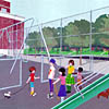 Illustration from I Want a Dog showing Dayal and her friends practicing in the school yard which clearly resembles that of her elementary school