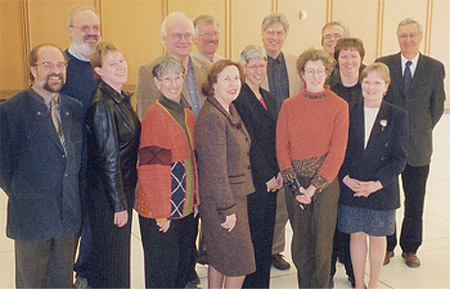 Photo of group, Front l-r: Claude Bonnelly (Co-chair), Jackie Bell (Our Roots grant writer), Alison Prentice (University of Victoria), Karen Turko (University of Toronto), Catherine Quinlan (University of British Columbia), Mary Bond (Library & Archives Canada), Mary Westell (University of Calgary). Back l-r: Marc Vallières (Université Laval), Frits Pannekoek (Co-chair), Ralph Manning (CIDL Secretariat), Gerald Pocius (Memorial University of Newfoundland), Guy Teasdale (Université Laval), Beth Stover (Canadian Institute for Historical Microreproductions), and Gerald Friesen (University of Manitoba)