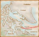 Map showing the route of Frobisher's first voyage, from England to a bay off of Baffin Island that Frobisher thought was a strait between Canada and Asia, June 7 to October 9, 1576