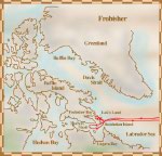 Map showing the route of Frobisher's third voyage, where he travelled past Resolution Island, partway into Hudson Strait and then back into Frobisher Bay, May 31 to end of August, 1578