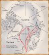 Map showing the route of Hudson's first and second voyages, in 1607 and 1608, where he travelled north of Norway in an attempt to pass over the North Pole