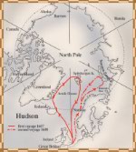 Map showing the route of Hudson's first and second voyages, in 1607 and 1608, where he travelled north of Norway in an attempt to pass over the North Pole