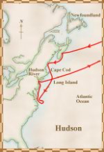 Map showing the route of Hudson's third voyage, in 1609, on which he travelled south of Cape Cod, along the eastern coast and explored the area around New York