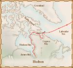 Map showing the route of Hudson's fourth voyage, April 10, 1610 to October 20, 1611, on which he passed through Hudson Strait and into Hudson Bay