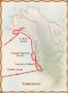 Map showing the route of Vancouver's voyage, April 1, 1791 - October 1795, beginning north of San Francisco and travelling up the west coast of North America