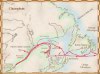Carte du premier voyage de Samuel de Champlain en 1603; il se rend à Terre-Neuve et au Cap-Breton, puis descend le fleuve Saint-Laurent jusqu'à Montréal et passe ensuite par la Gaspésie et le Cap-Breton avant de retourner en France