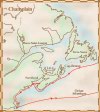 Carte du deuxième voyage de Samuel de Champlain, de 1604 à 1607; il longe le littoral est du Cap-Breton jusqu'au cap Cod
