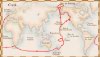 Carte du troisième voyage de James Cook, du 12 juillet 1776 à octobre 1780; il part de la Grande-Bretagne et se rend jusqu'à la côte ouest de l'Amérique du Nord, puis vers le nord jusqu'à l'océan Arctique