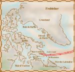 Carte du premier voyage de Martin Frobisher, du 7 juin au 9 octobre 1576; il part de l'Angleterre et se rend jusqu'à une baie près de l'île de Baffin; Frobisher pense qu'il s'agit d'un détroit entre le Canada et l'Asie