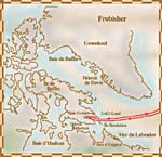 Carte du troisième voyage de Martin Frobisher, du 31 mai à la fin d'août 1578; il passe par l'île Resolution, le détroit d'Hudson et revient à la baie Frobisher