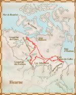 Carte du troisième voyage de Samuel Hearne, de décembre 1770 à juin 1772; il part de la baie d'Hudson en direction nord-ouest jusqu'à la rivière Coppermine, puis iI suit la rivière Coppermine jusqu'à l'océan Arctique et revient au fort Prince-de-Galles