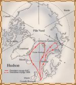 Carte des premier et deuxième voyages de Henry Hudson, en 1607 et en 1608; il se rend jusqu'au nord de la Norvège en essayant de passer par le pôle Nord