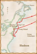 Carte du troisième voyage d'Henry Hudson, en 1609; il se rend au sud du cap Cod en suivant la côte est et il explore la région de New York