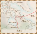 Carte du quatrième voyage d'Henry Hudson, du 10 avril 1610 au 20 octobre 1611; il traverse le détroit d'Hudson et se rend à la baie d'Hudson