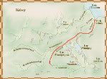 Carte du deuxième voyage d'Henry Kelsey, du 25 juin 1690 jusqu'en 1692; il part de York Factory en direction sud-ouest et se rend jusqu'aux Prairies