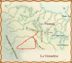 Carte du voyage de Louis-Joseph de La Vérendrye, en 1742 et 1743; il explore la rivière Assiniboine, puis se dirige vers les Rocheuses, au sud-ouest, et revient à la rivière Missour