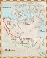 Carte du voyage d'Alexander Mackenzie, du 3 juin au 12 septembre 1789; il part du fort Chipewyan et se rend à l'océan Arctique en suivant ce qu'on appelle maintenant le fleuve Mackenziee