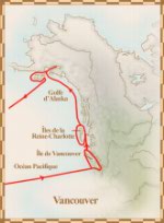 Carte du voyage de George Vancouver, du 1er avril 1791 jusqu'en octobre 1795; il part au nord de San Francisco et se rend jusqu'en Alaska en suivant la côte ouest de l'Amérique du Nord