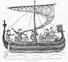 Image de la tapisserie Bayeux. Navire viking avec tête de dragon et voiles rayées