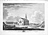 Dessin de Richard Short représentant l'église St. Paul de Halifax. On peut aussi voir, derrière l'église, l'imprimerie de Bushell et de Henry