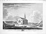 Dessin de Richard Short représentant l'église St. Paul de Halifax. On peut aussi voir, derrière l'église, l'imprimerie de Bushell et de Henry.